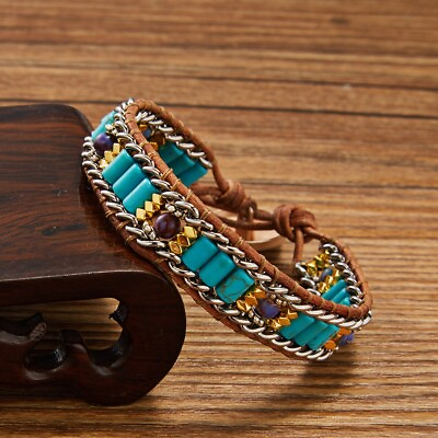 Handmade Turquoise Natural Stone Healing Meditation Reiki Beads Wrap Bracelet $12.69