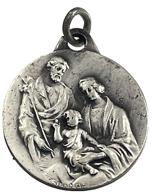#ad Vintage Catholic Holy Family St Anne Silver Tone Medal France $13.99