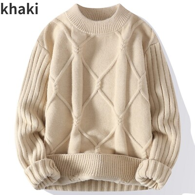 #ad Men Loose Sweater Crewneck Knit Jumper Sweater Diamond Pattern Thick Warm Winter $27.99