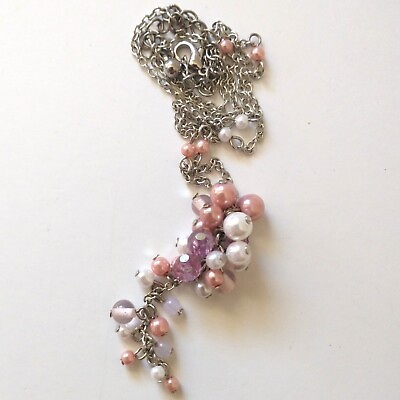 Y2K Faux Pearl Cluster Necklace Statement Dangle Pendant Pink Silver Tone $13.49