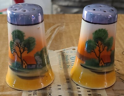 Vintage Ceramic Porcelain Sunset Sunrise Japan Salt amp; Pepper Shakers No Stops $14.50