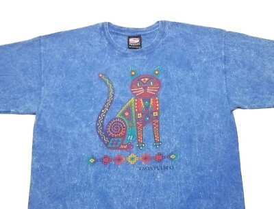 #ad Vtg. Taos Pueblo Cat Art Graphic Print 90s Sportex T Shirt Men#x27;s Large USA Made $17.95