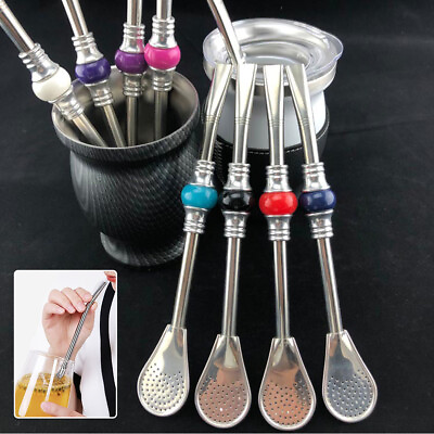 #ad 1PCS Drinking Straw Stainless Steel Filter Spoon Reusable Tea Tool Bar Accessory $3.55