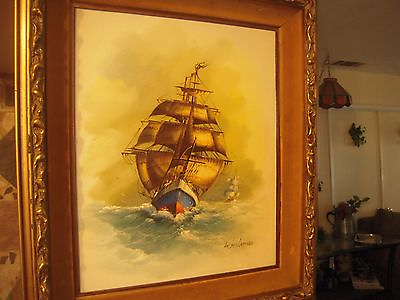 Andres Orpinas Two Ships at Sea Oil Painting on Canvas Framed and Signed 20quot; 16quot; $194.27