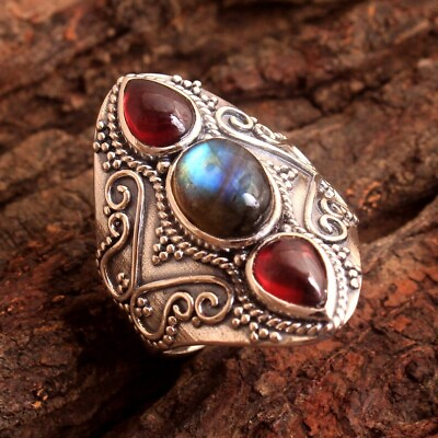 Designer 3 Stone 925 Silver Ring Gemstone Garnet Moonstone gemstone ring #ad $25.99
