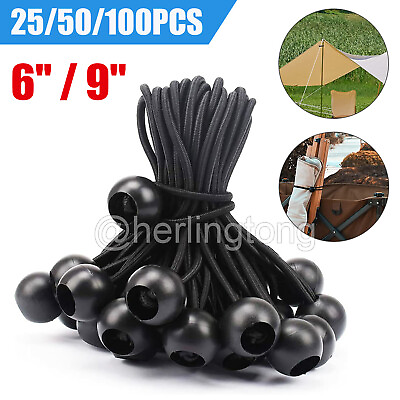#ad 100 pcs 6quot; 9quot; Black Ball Bungee Bungie Cord Heavy Duty Canopy Tarp Tie Downs $29.78