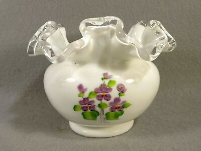 #ad #ad Fenton Silver Crest Rose Bowl Vase Violets in the Snow Signed Kim Blake 1980s $34.00