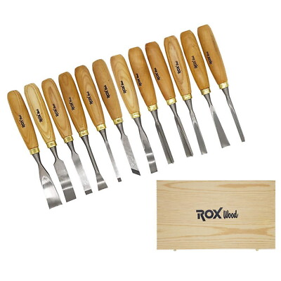 #ad Wood Carving Hand Chisel Tools w Wooden Storage Case by Rox 12 Piece $46.25
