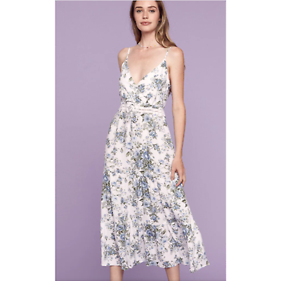 #ad Trixxi Blue Rose Tie Waist V NECK Midi Floral Dress S 4 6💸BOGO⭐ $29.99