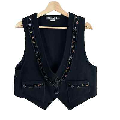 #ad Vintage Coloratura Black Star Wool Felt Snap Button Vest M Medium Western $37.99