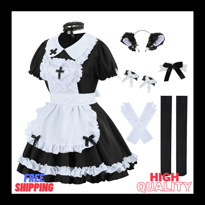 #ad Black French Maid Outfit Crucifix Lace Apron Lolita Cosplay Furry Ear Costume $44.50