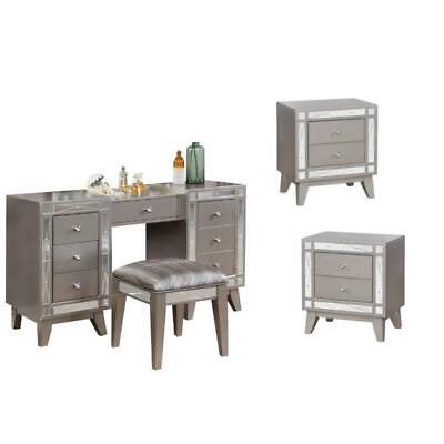 #ad 4 Piece Bedroom Vanity Plus Stool and Set of 2 Nightstand in Silver $1305.51