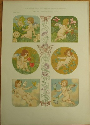 Art Nouveau #x27;G. Sturm#x27; 1900 Print Amours Cupid Color Litho $35.00