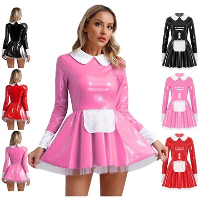 #ad Women#x27;s French Maid Cosplay Costume Patent Leather Long Sleeves Dress and Apron $20.99