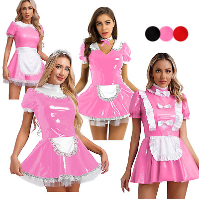 #ad Women#x27;s Wet Look Leather French Maid Costume Outfits Apron Fancy Mini Dress $7.43