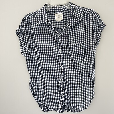 American Eagle Outfitters Women Navy Blue Plaid Short Sleeve Button Down Shirt M $13.00