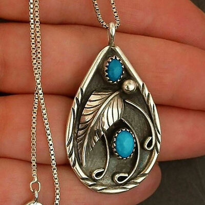 Tibetan Silver Plated Blue Turquoise Chain Crystal Pendant Necklace Lab Created $3.89