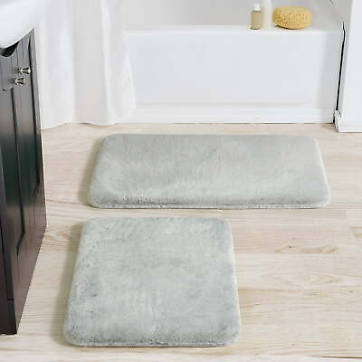 #ad 2 Piece Silver Ultra Soft Faux Rabbit Fur Bath Rug Set Comfortable Memory Foam $27.80