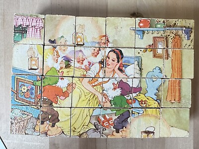 #ad Vintage Snow White Fairy Tales Wood Block 24 Puzzle 6 Scenes Box West Germany $15.00