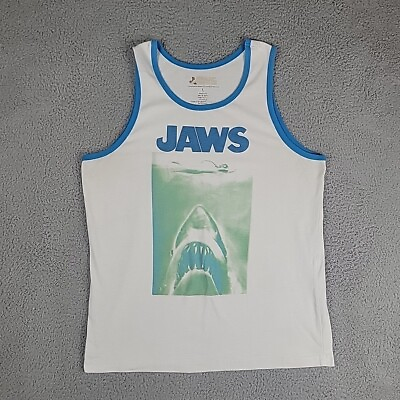 #ad Jaws Tank Top Men#x27;s Large White With Blue Trim 70s Movie Graphic Shark Classic $9.00