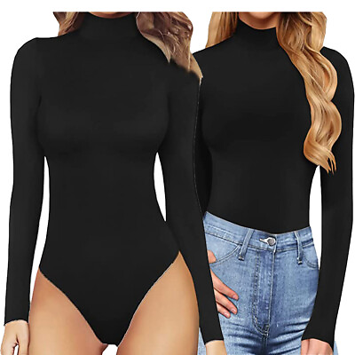 Womens Long Sleeve High Collar Leotard Bodysuit Bodycon Solid Black Jumpsuits $8.54