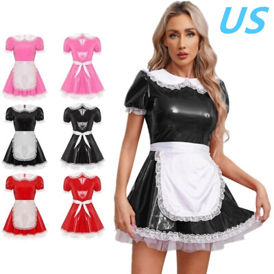 #ad US Women French Maid Cosplay Costume PVC Leather A line Dress With Apron Outfit $24.23