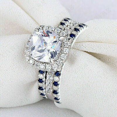 #ad Engagement Ring Trio Set 14k White Gold 3.Ct Cushion Diamond Simulated Size 6.5 $234.06