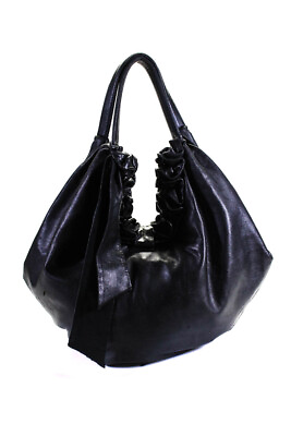 #ad Elie Tahari Womens Double Handle Ruffled Large Hobo Handbag Black Leather $76.85