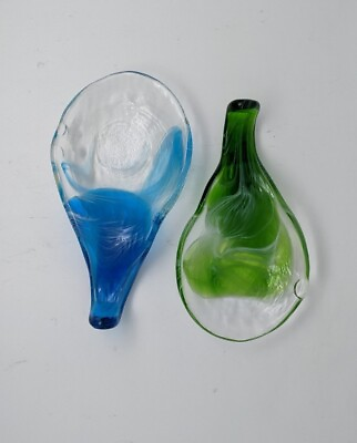 #ad 2 Blown Glass Art Spoon Rest Trinket Trays Clear Blue Green Unique $11.95