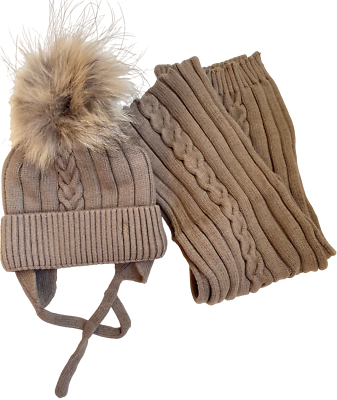 #ad Girls Cashmere Blend Cable Knit Hat with Real Fur Pom Pom and Scarf Set $58.00