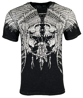 #ad Affliction Men#x27;s T shirt TRIBAL SCREAM Skull Wings Black $29.99
