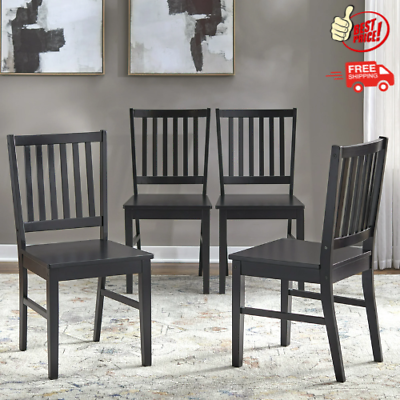 #ad Indoor Wooden Dining Chair Kitchen Seat Slat Back Rubberwood Set of 4 Black $222.54