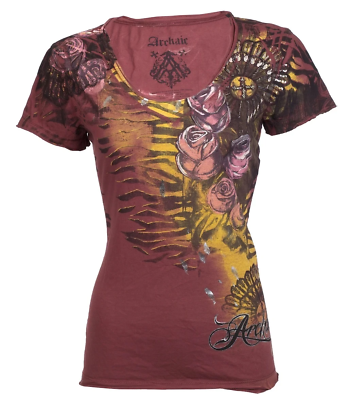 #ad Archaic AFFLICTION Womens T Shirt SINISTER LOVE Roses Tattoo Biker S XL $40 $23.95