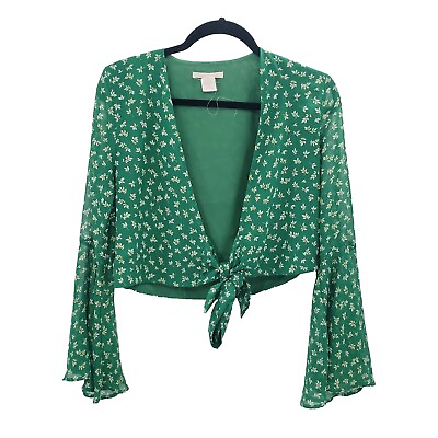 Urban Outfitters Green Floral Bell Sleeve Crop Top Womens Small Tie Front V Neck $13.22
