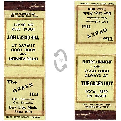 #ad Vintage Matchbook Cover The Green Hut restaurant Bay City MI 1940s bar tavern $8.49