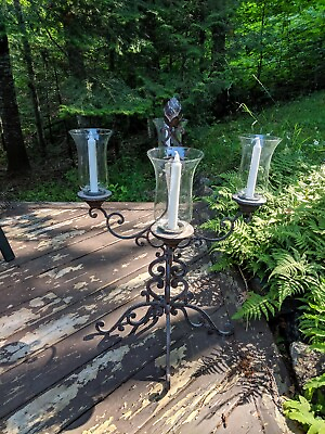 RARE VINTAGE FORGED IRON CANDELABRA WITH GLASS SHADES MINT SATNDS 33 inches $200.00