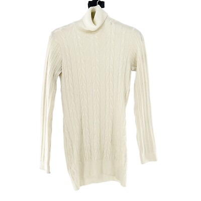 #ad Vtg Y Studio Cable Knit Sweater Dress Large Ivory Coastal Cabin Core Turtleneck $24.97