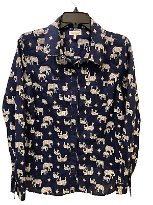 #ad Red Camel Blouse Blue With Elephants Size Large Button Up $9.99