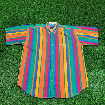 #ad Vintage Colorful Eclectic Balance Stripes Button Shirt L 24x30 Rainbow Retro USA $59.04