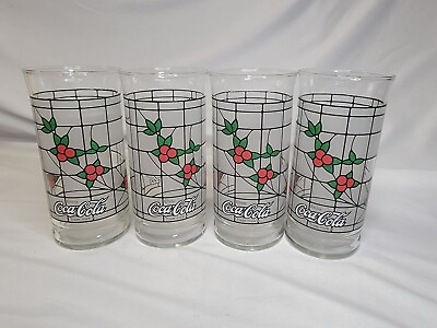#ad Set of 4 Coca Cola Stained Glass Holly Leaves amp; Berries Holiday Tumbler Glasses $23.78
