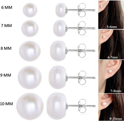 #ad Genuine White Cultured Freshwater Pearl Stud Earrings 925 Silver 6 7 8 10mm USA $7.73