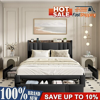#ad Queen Size Bed with 3 Storage Drawers and Charging StationUpholstered Black PU $199.56