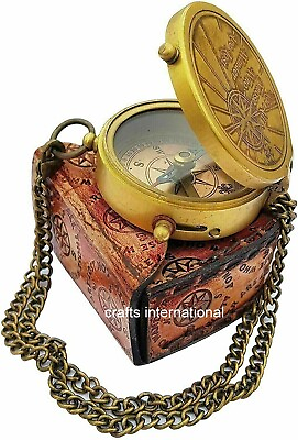 Antique Nautical Finish Brass Pocket Compass With Chain amp; Leather Box Marine $26.00