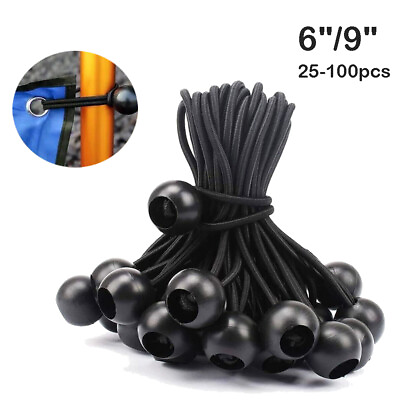 #ad 100 pcs 6quot;amp;9quot; Inch Black Ball Bungee Bungie Cord Canopy Tarp Tie Downs Straps US $23.99