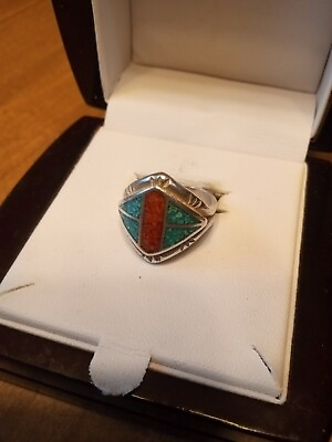 Sterling Native American Ring Handmade Turquoise Coral s7 1 2 quot;Signedquot; VERY RARE $74.99