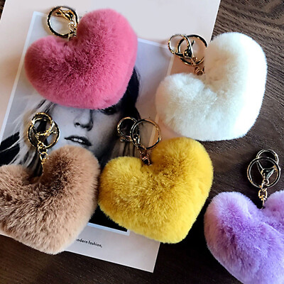 #ad Women Heart Shape Key Chain Fluffy Soft Pompom Bag Handbag Decor Keyring Gifts‹ $1.88