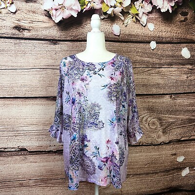 #ad Time amp; Tru Women’s Purple Boho Floral Abstract Beaded Ruffled Sleeve Blouse $14.95