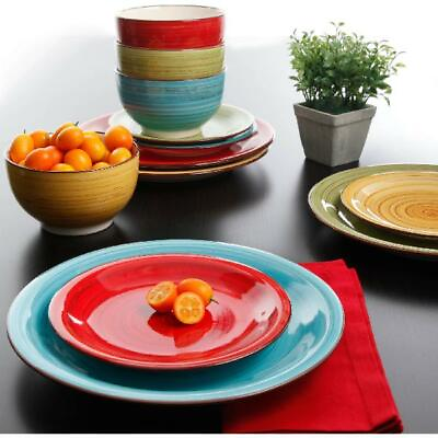 #ad 12 Piece dinnerware set Plates Kitchen Dishes Dinner Bowls COLORFUL hand painted $50.03