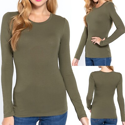 #ad Womens Cotton Stretch Long Sleeve T Shirt Plain Fitted Basic Solid Slim Layering $11.99