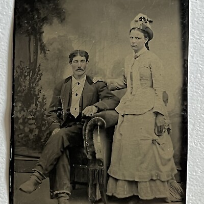 #ad Antique Tintype Photograph Beautiful Young Fashionable Woman Man Couple $14.95